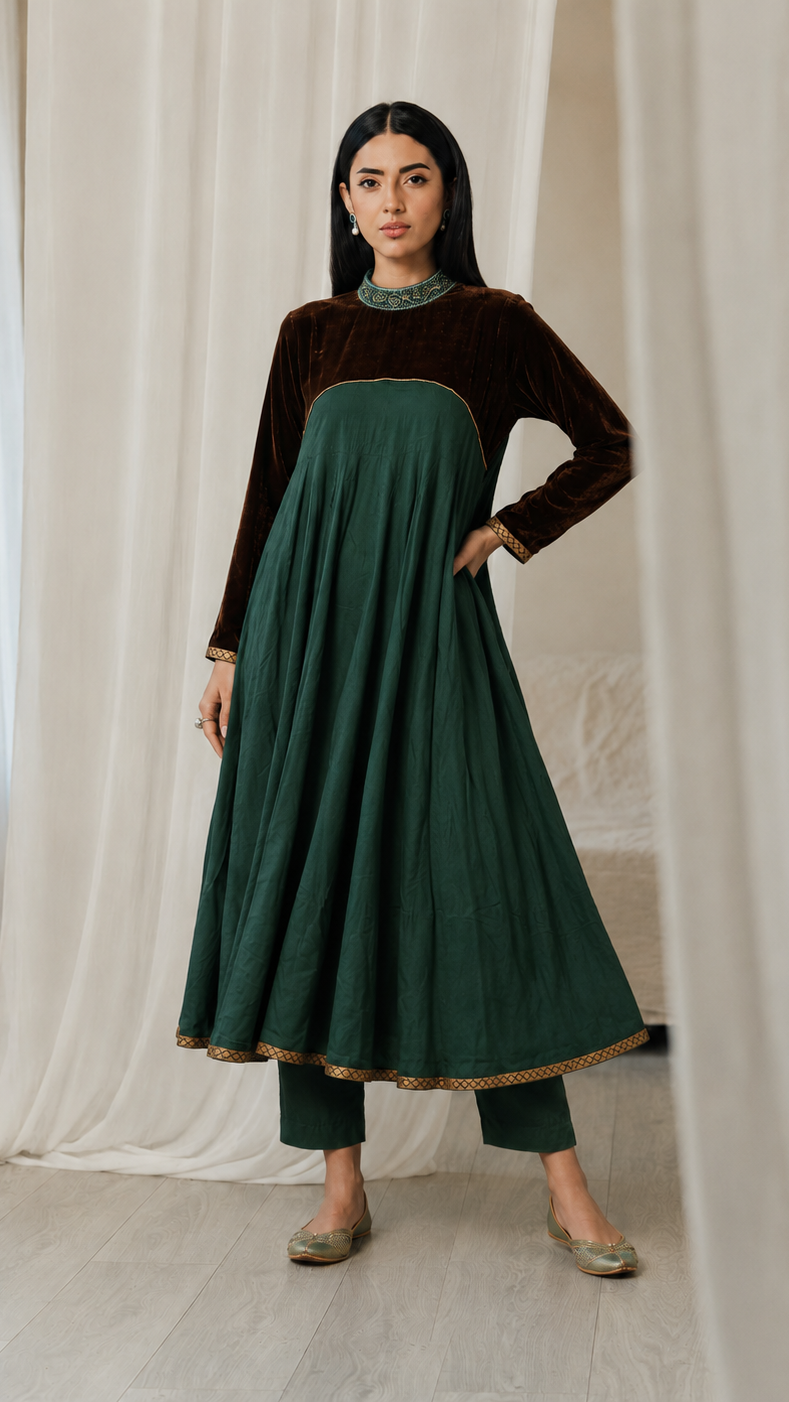 Dark green women’s Anarkali kurta dress with brown velvet yoke, embroidered high neck and gold border, modest Asian ethnic wear by Diya Online