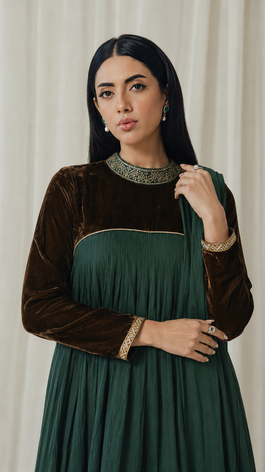 Dark green women’s Anarkali salwar kameez suit with brown velvet yoke, embroidered collar, matching trousers and dupatta, elegant Asian ethnic wear by Diya Online