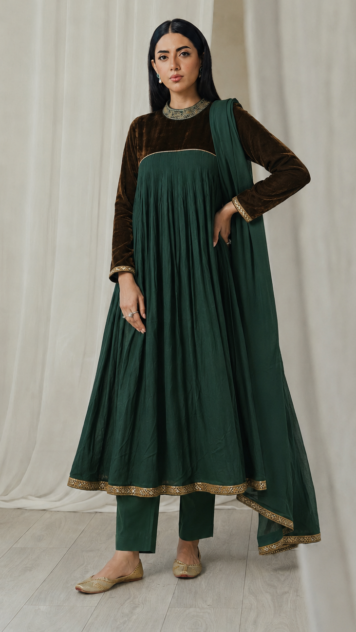 Dark green women’s Anarkali salwar kameez suit with brown velvet yoke, embroidered collar, matching trousers and dupatta, elegant Asian ethnic wear by Diya Online