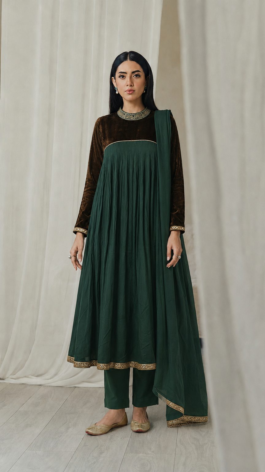 Dark green women’s Anarkali salwar kameez suit with brown velvet yoke, embroidered collar, matching trousers and dupatta, elegant Asian ethnic wear by Diya Online