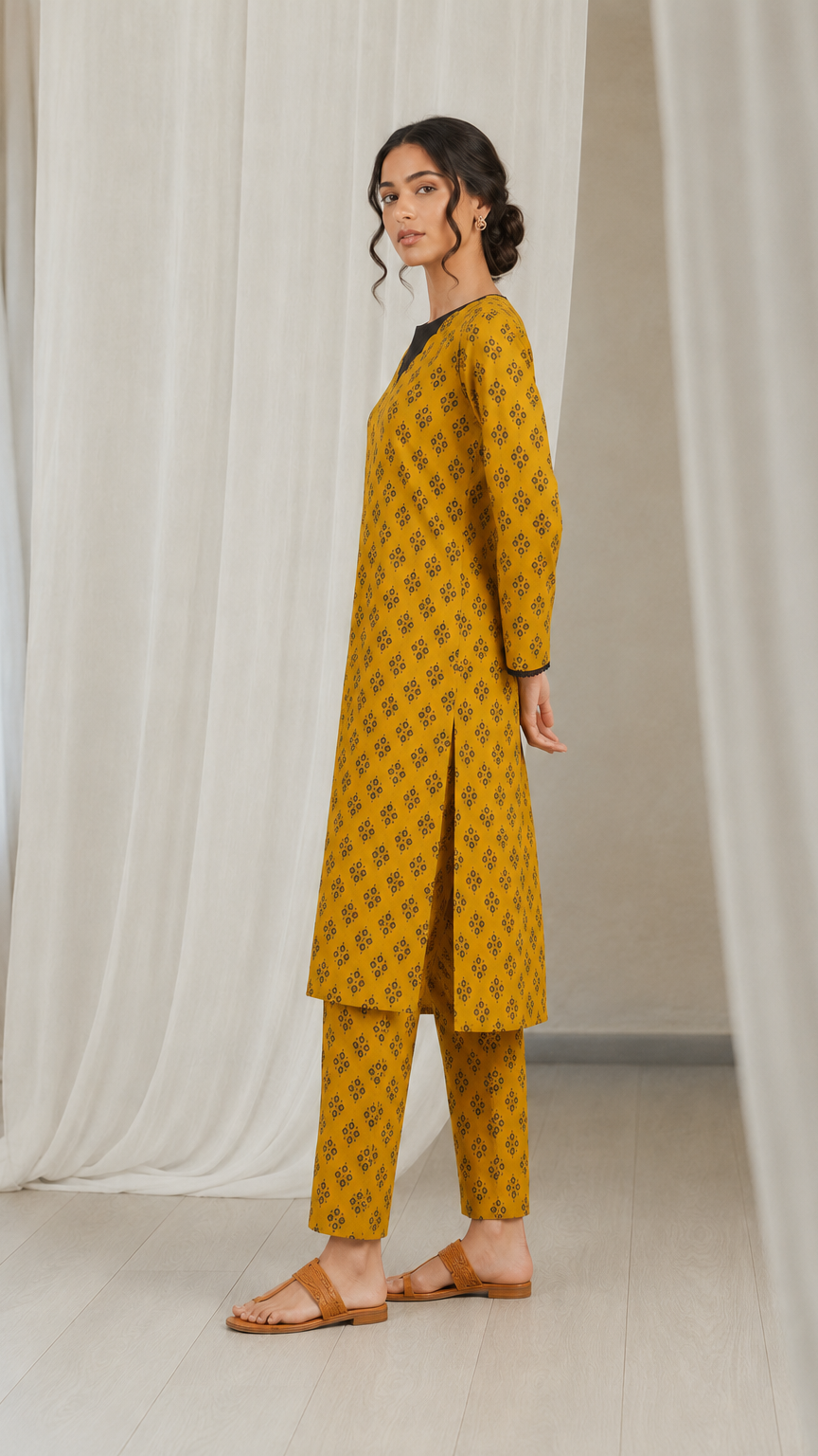 Mustard yellow women’s printed kurta trouser set with black block print pattern, flared sleeves and matching trousers, modest Asian ethnic wear by Diya Online