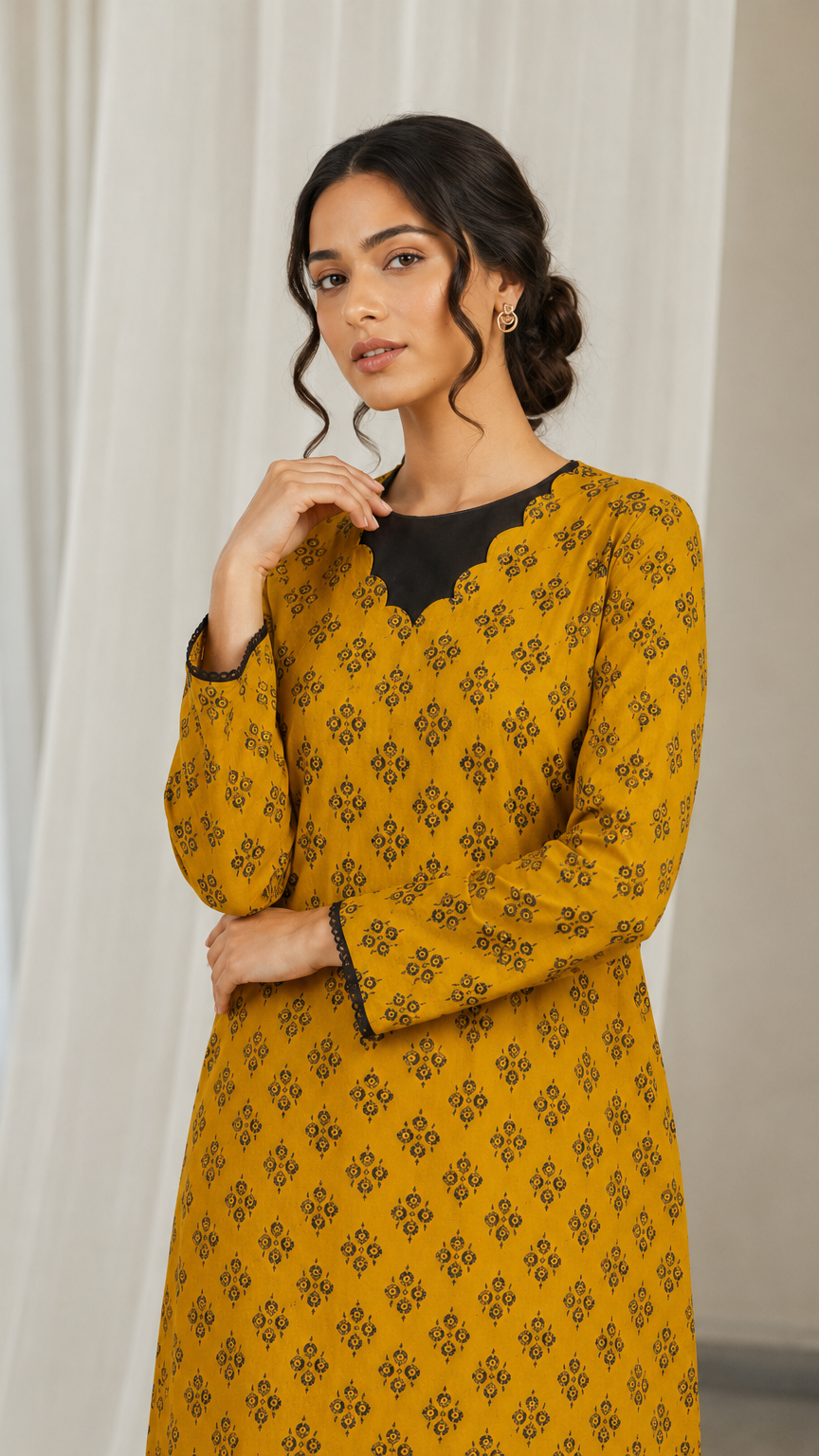 Mustard yellow women’s printed kurta trouser set with black block print pattern, flared sleeves and matching trousers, modest Asian ethnic wear by Diya Online