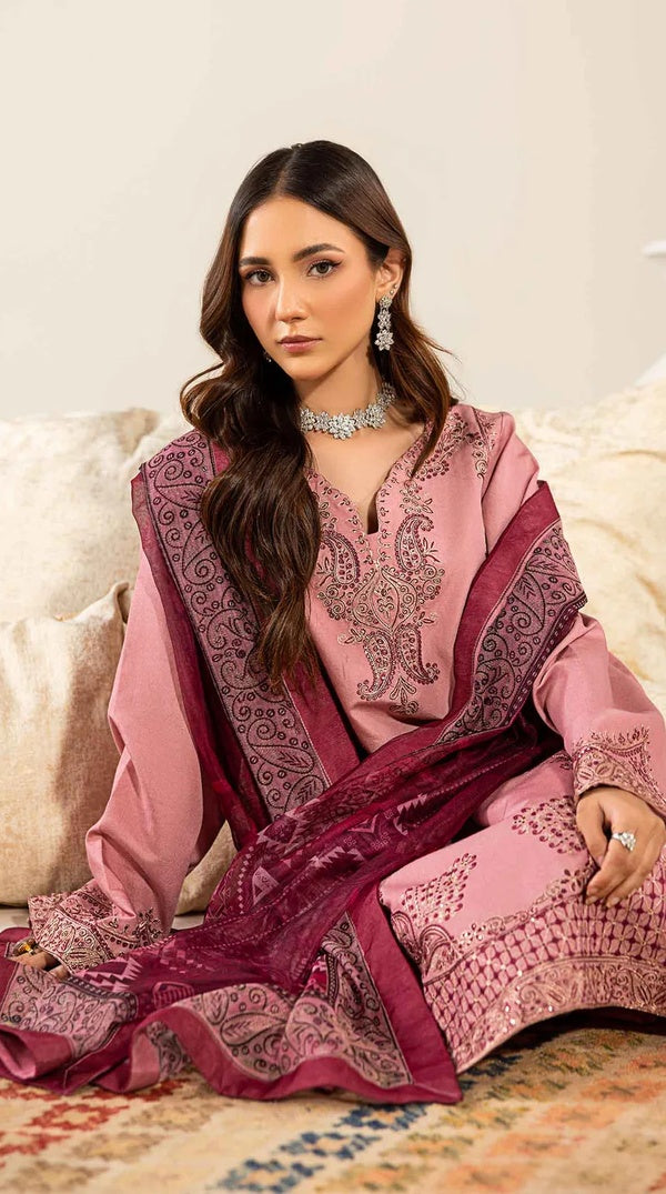 Pink Embroidered Loom Net Suit with Printed Dupatta