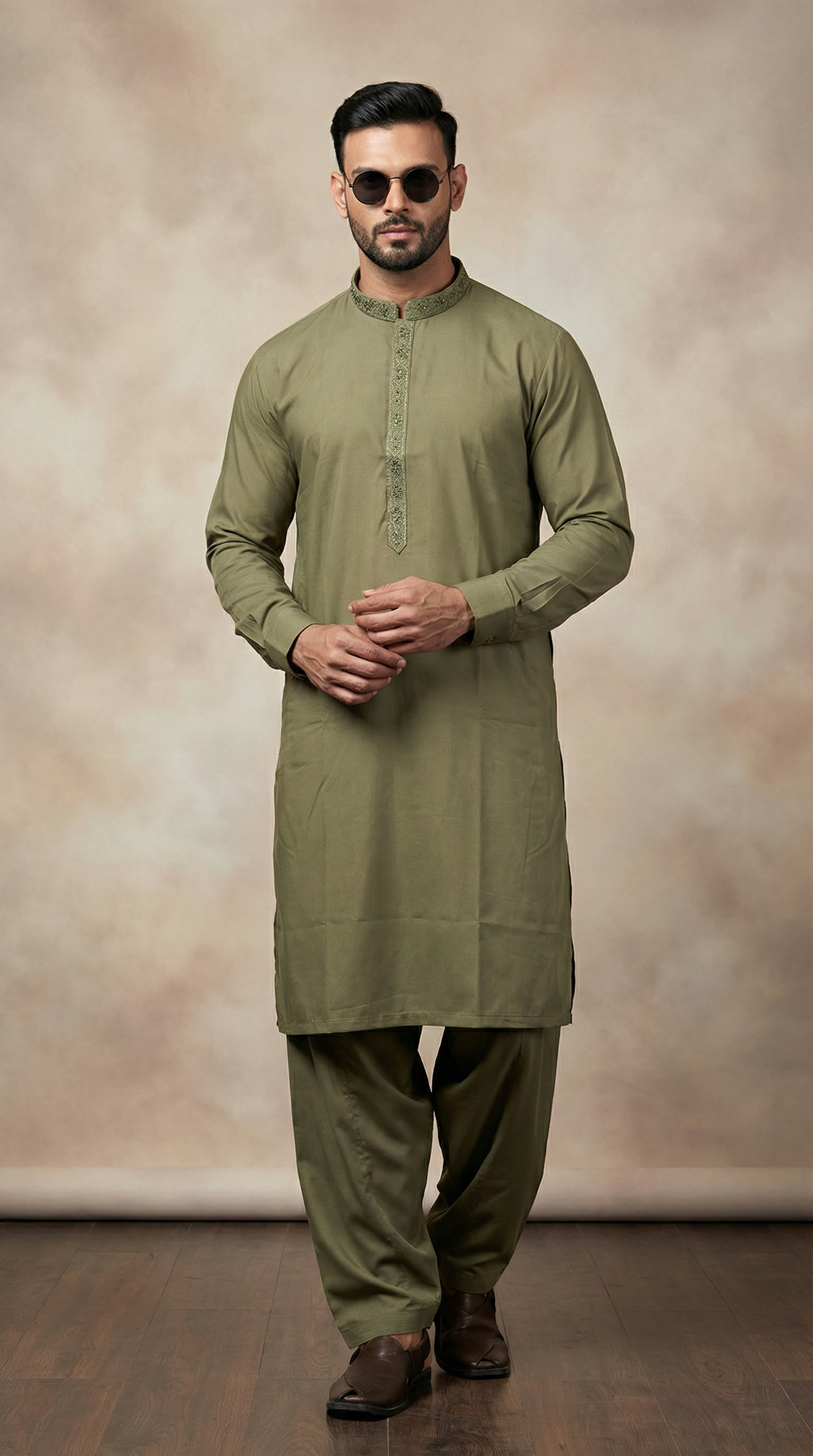 Men’s Sage Green Embroidered Shalwar Kameez
