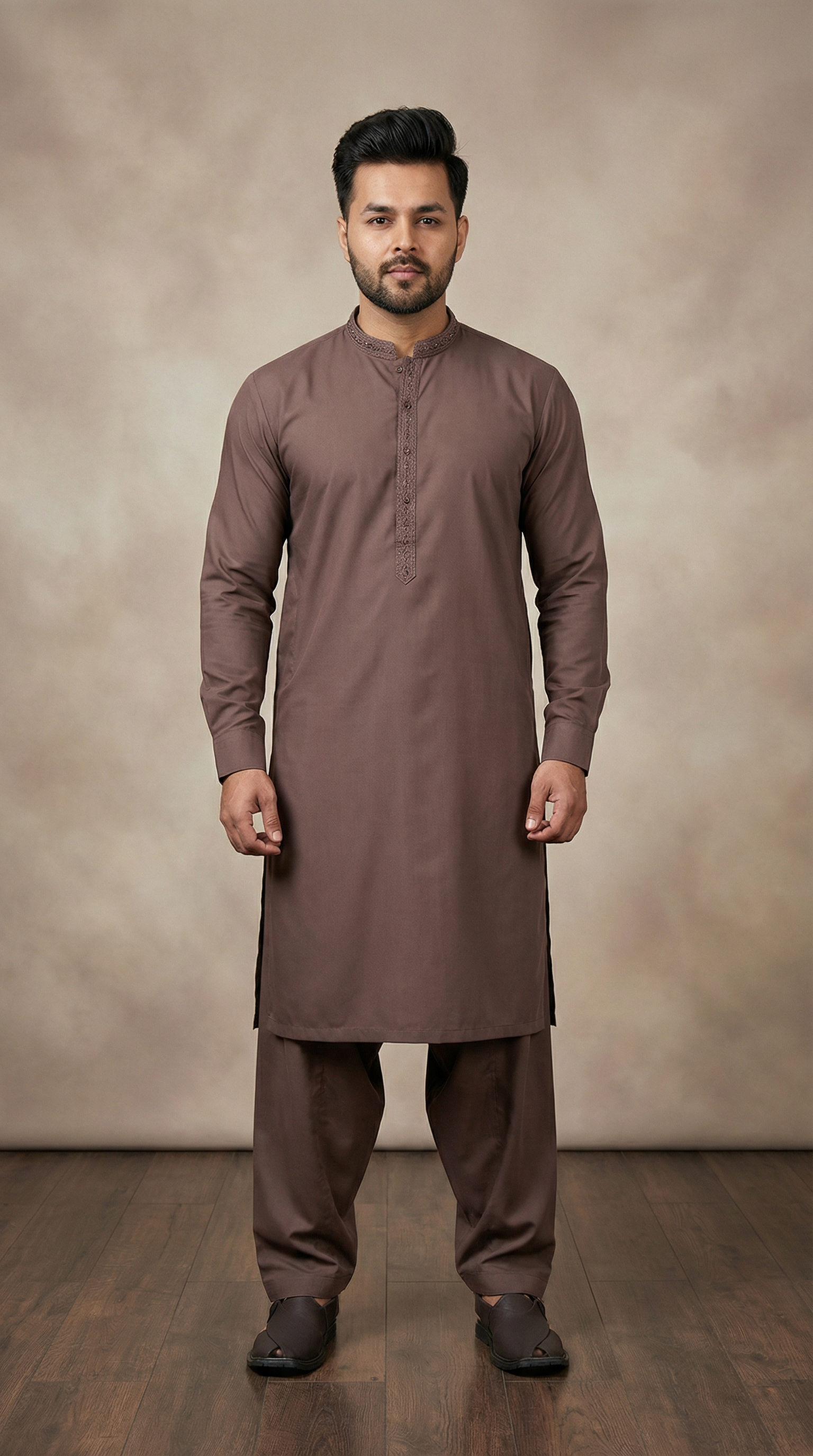 Men’s Brown Embroidered Shalwar Kameez