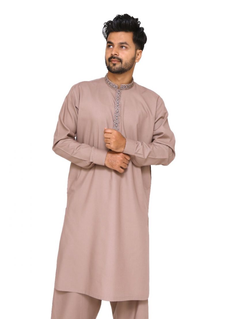 Embroidered Mens Brown Kurta & Salwar