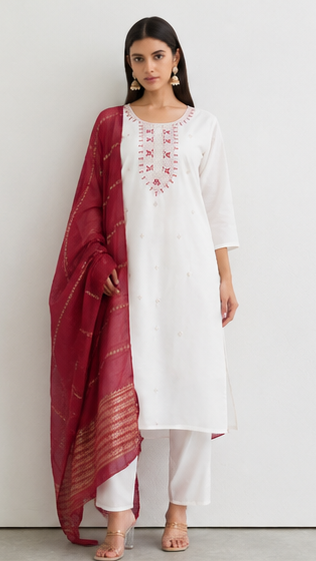 Young woman wearing an ivory white embroidered kurta set with red threadwork, matching trousers and a red woven dupatta with gold border detailing.