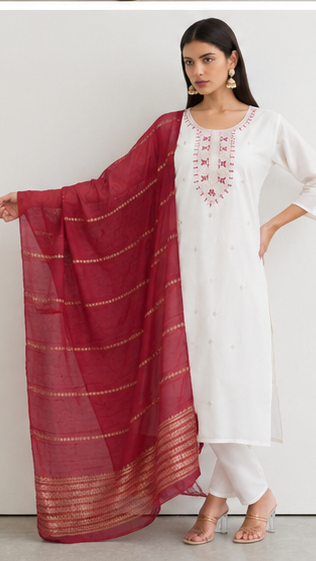 Young woman wearing an ivory white embroidered kurta set with red threadwork, matching trousers and a red woven dupatta with gold border detailing.