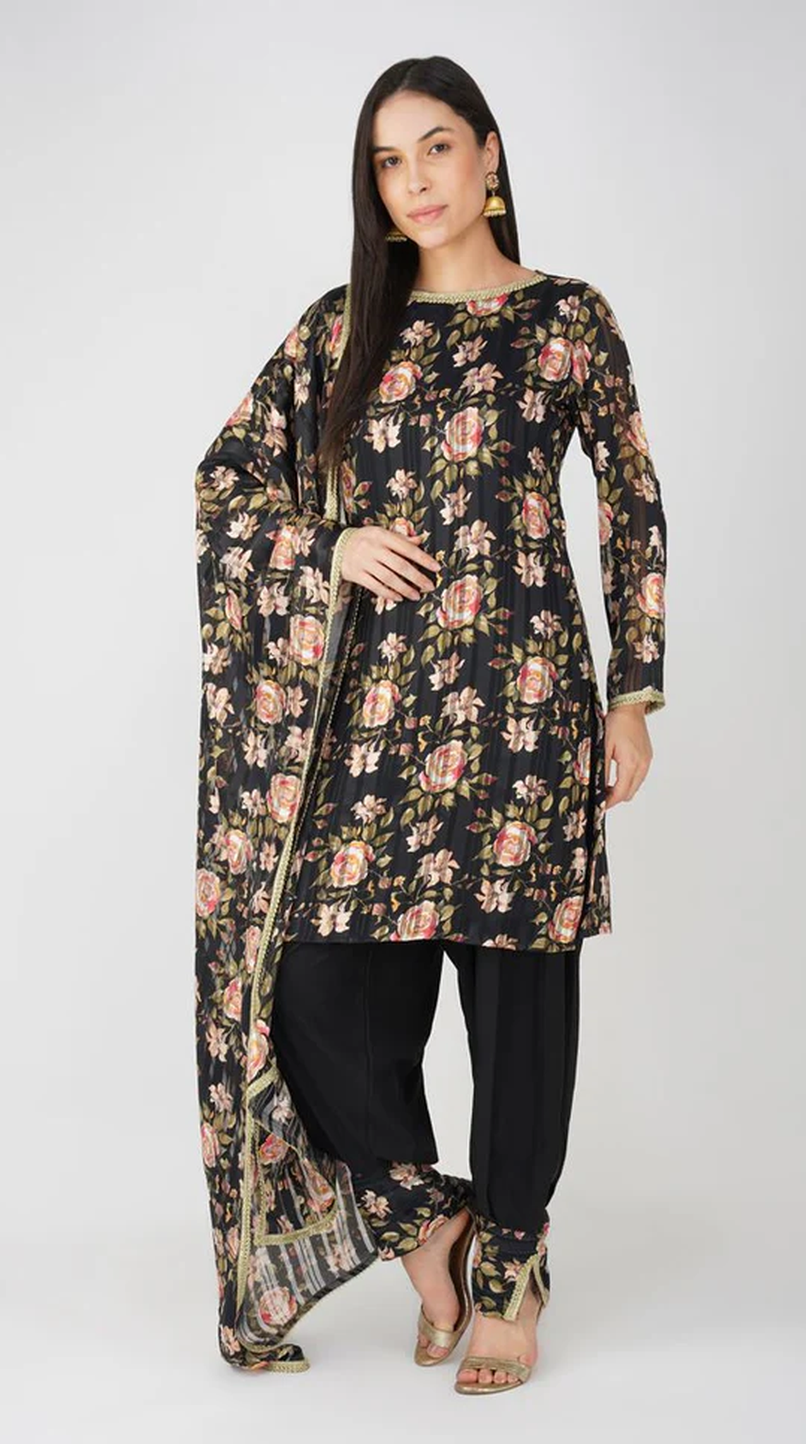 Black Georgette Lurex Printed Suit Set