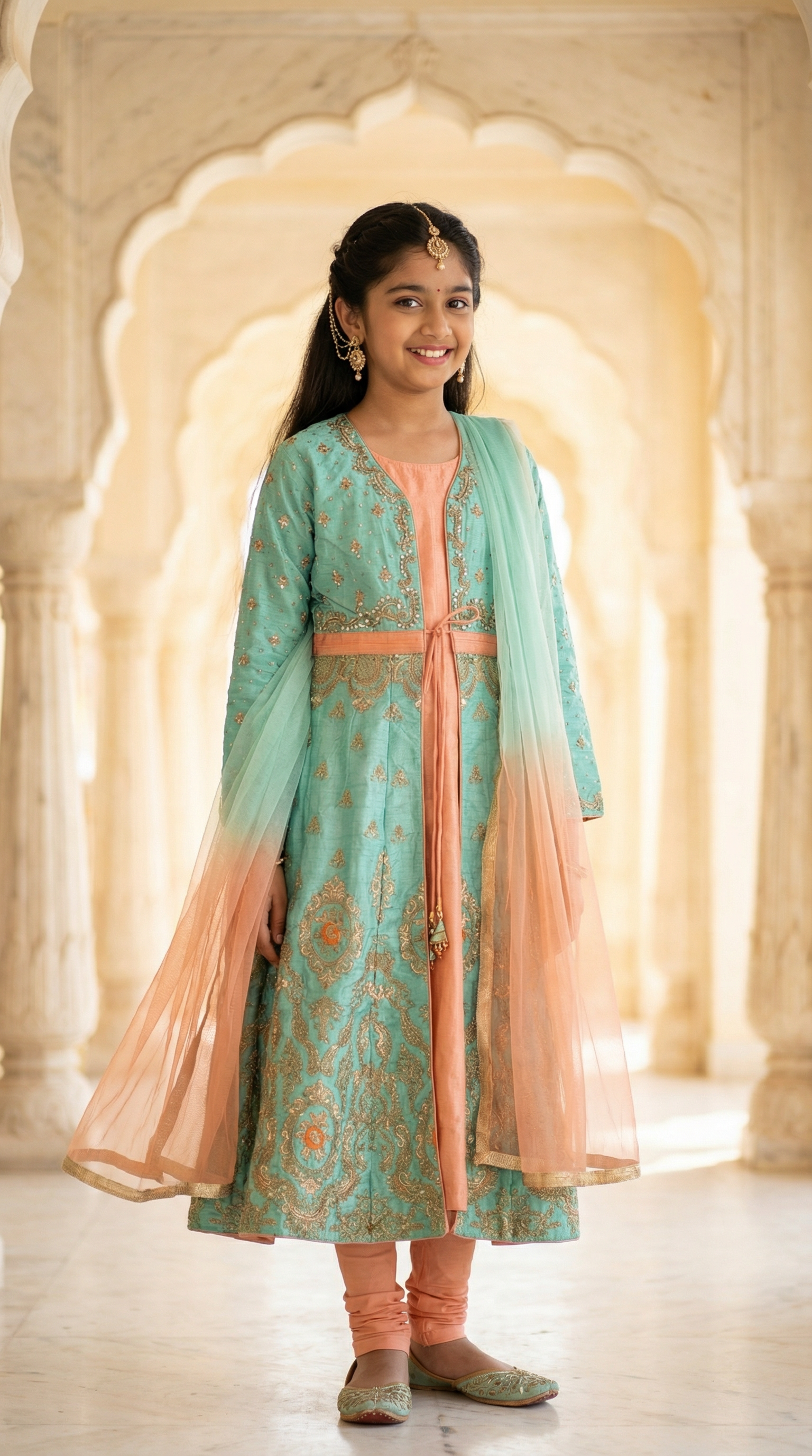 Raw Silk Peach Inner with Green Jacket, Soft Leggings & Net Scarf