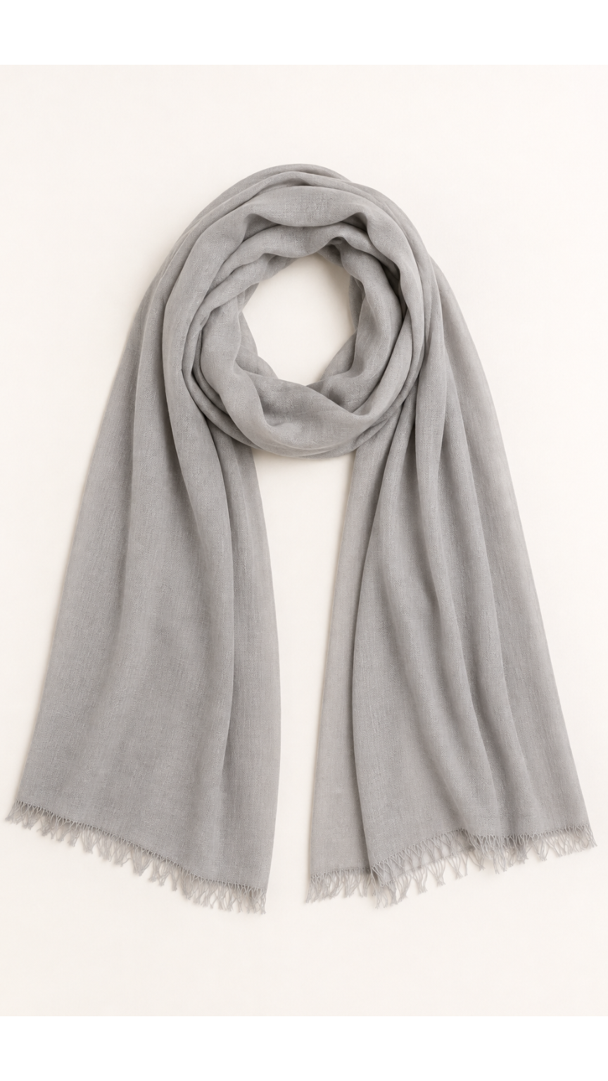 A light gray cotton scarf with fringed edges, 
