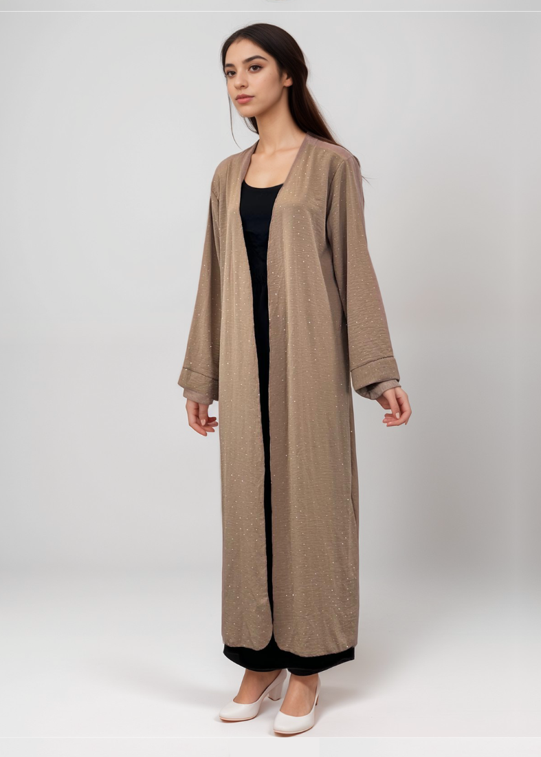 Beige Maxi Open Cardigan – Soft Fabric with Silver Dots