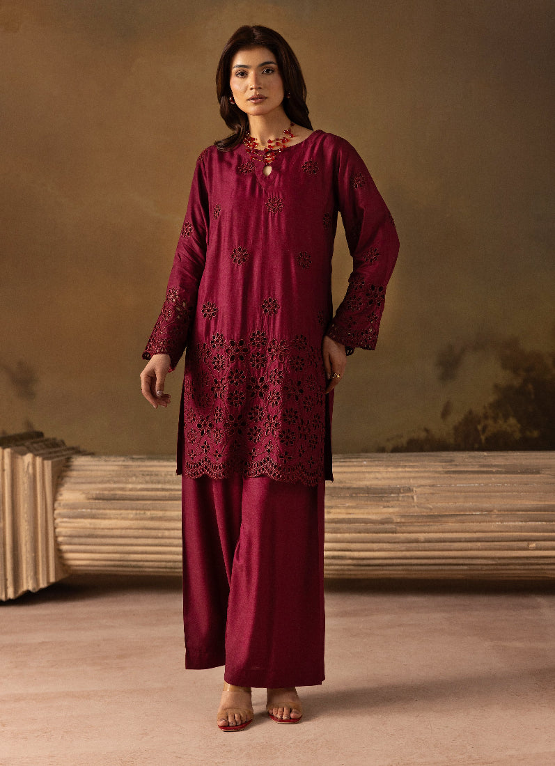 Stylish Burgundy Linen Chikankari Co-ord Set for Women
