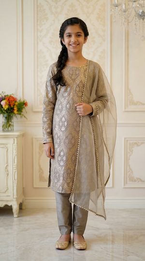 Girls Grey Sequin Chinon Straight Cut Suit Set