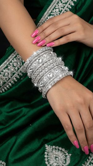 Silver Diamante Kara Bangle Set for Women â€“ Bridal Wedding Ethnic Jewellery