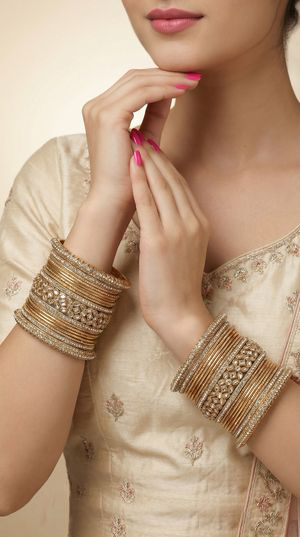 Double gold diamante kara bangle set for bridal wedding wear