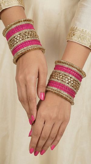 Pink diamante kara bangle set for bridal wedding wear
