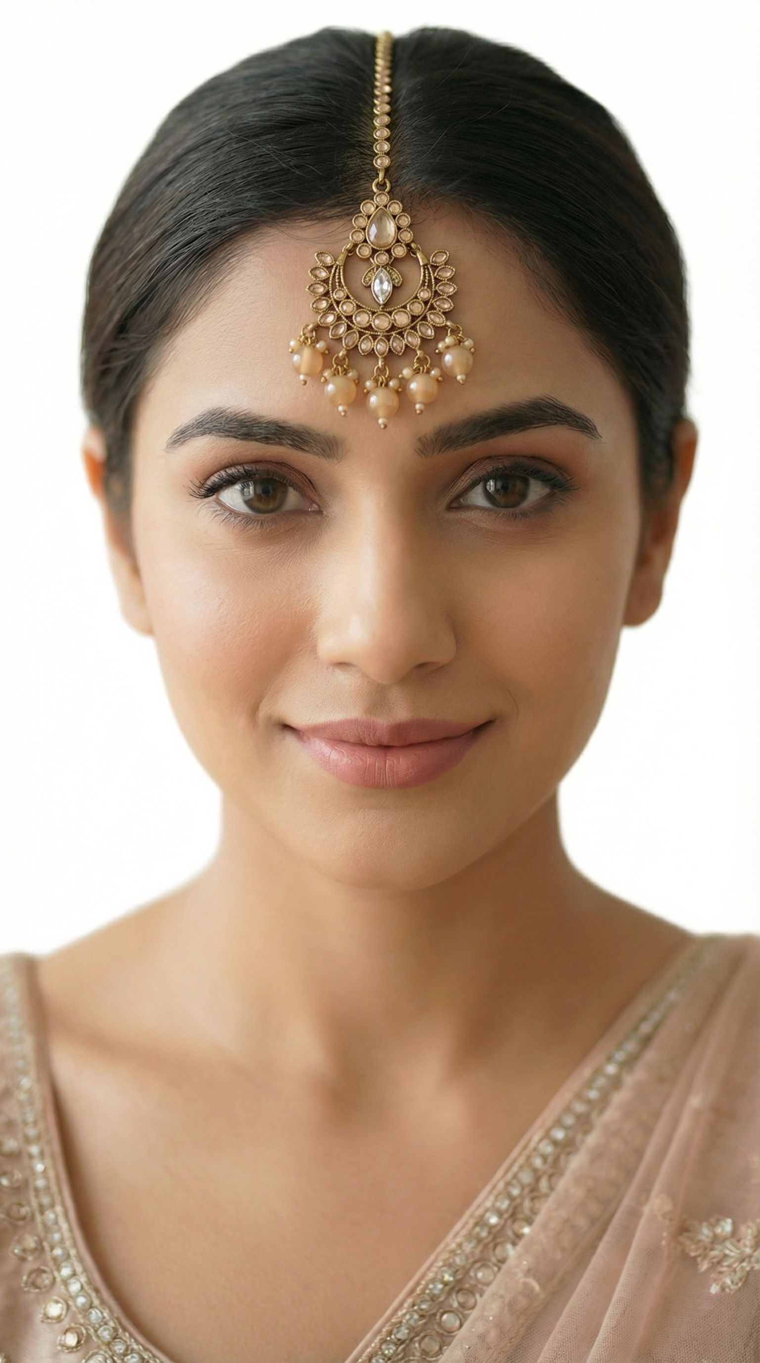 Beige Diamonte Tikka with Beads and Pearls