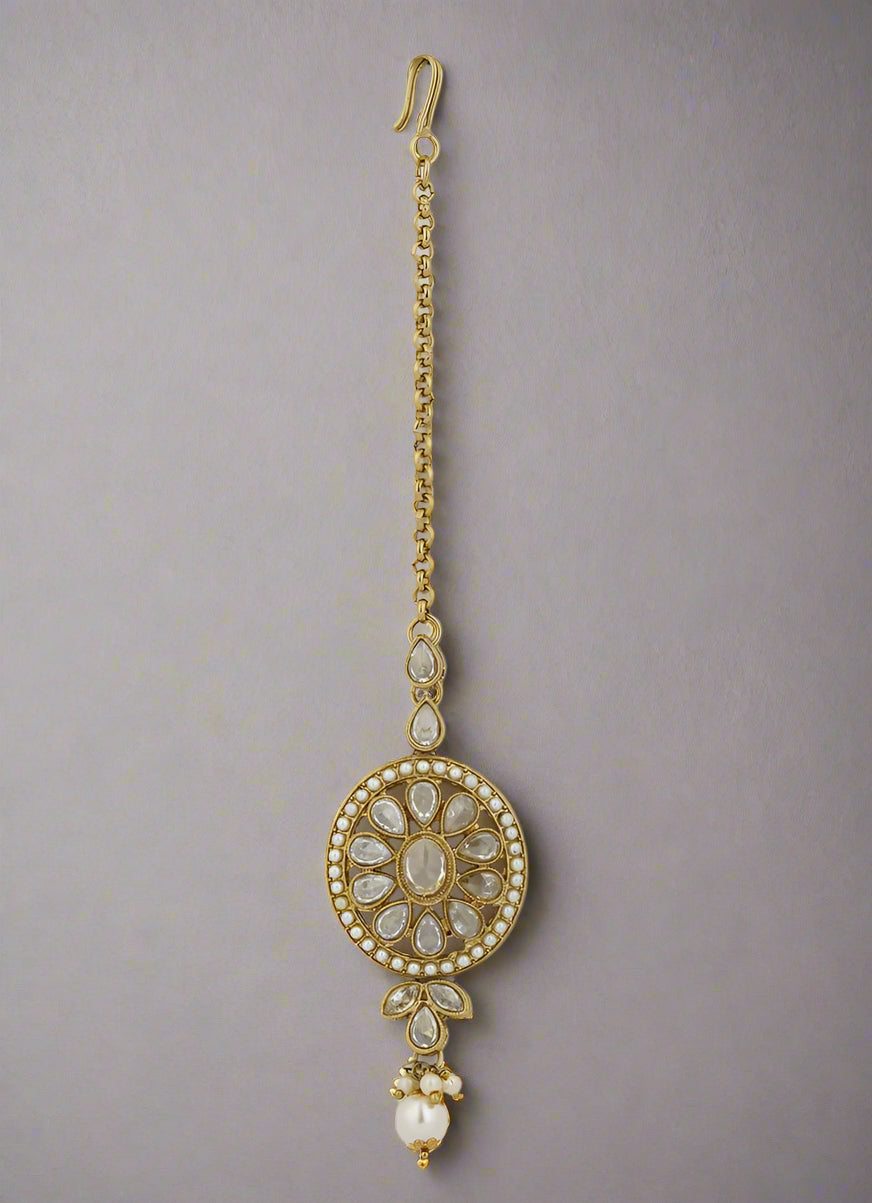 Buy White Gold Circular Tikka With Diamonte & Pearl