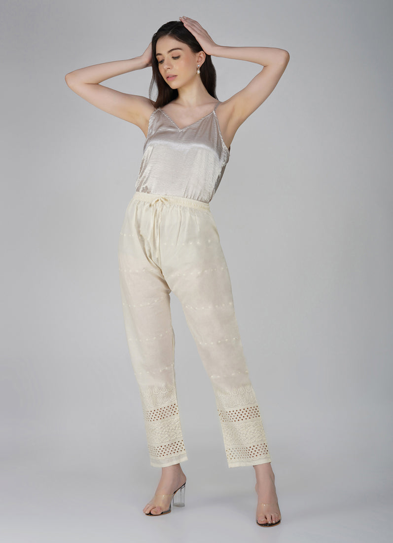 Ivory Cotton Embroidered Trouser