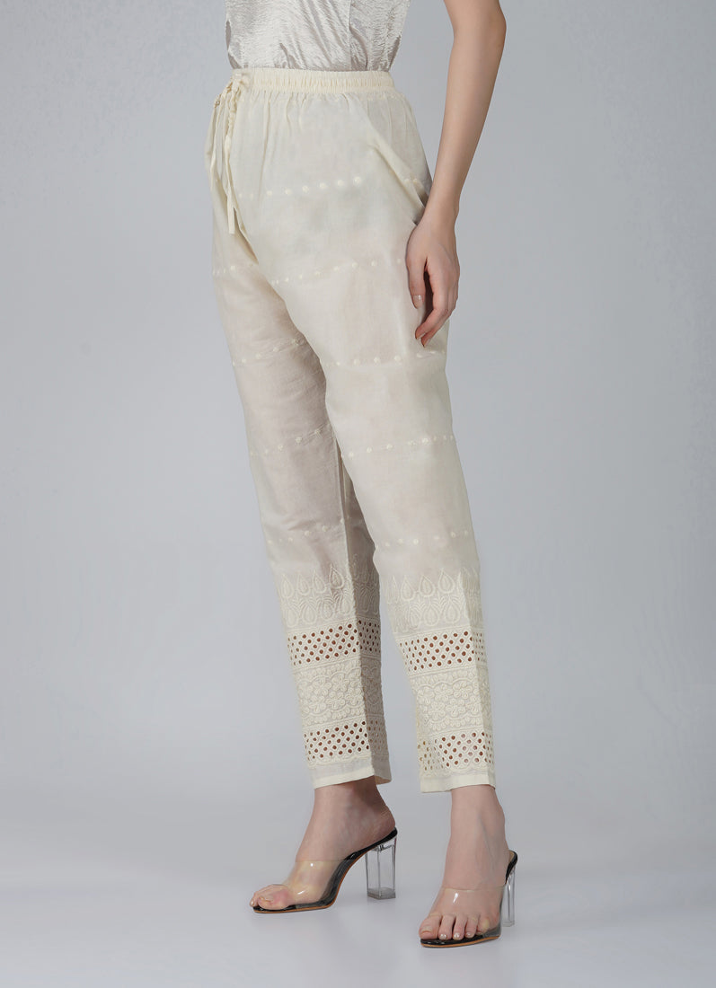 Ivory Cotton Embroidered Trouser