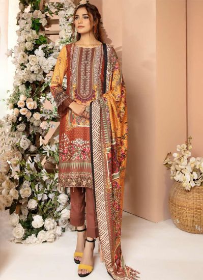 Yellow Brown Printed-Embroidered Suit Set