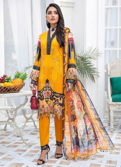 Yellow Linen Straight Cut Embroidered Suit Set
