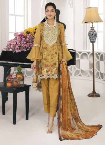 Mustard Embroidered Asymmetric A-Line Suit Set