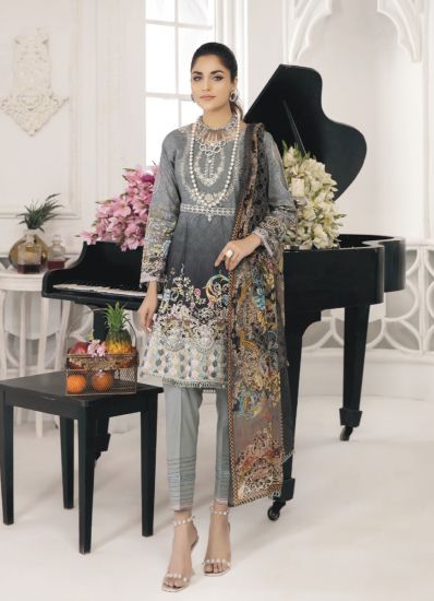 Grey Embroidered Asymmetric A-Line Suit Set