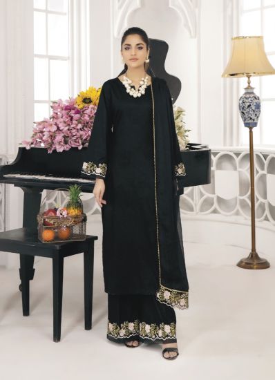 Black Embroidered Straight Cut With Side Slit Suit Set