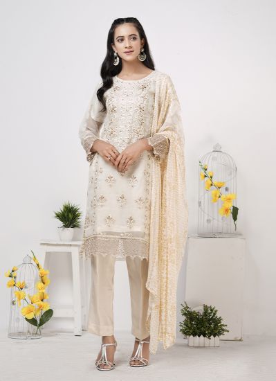 Cream Zari And Resham Embroidered Straight Cut Suit Set