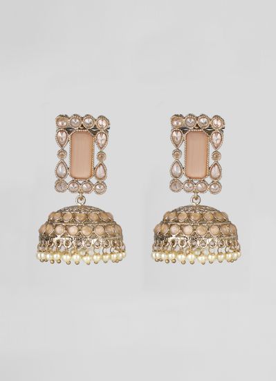 Peach Jhumki American Diamond Glass Bead Earrings