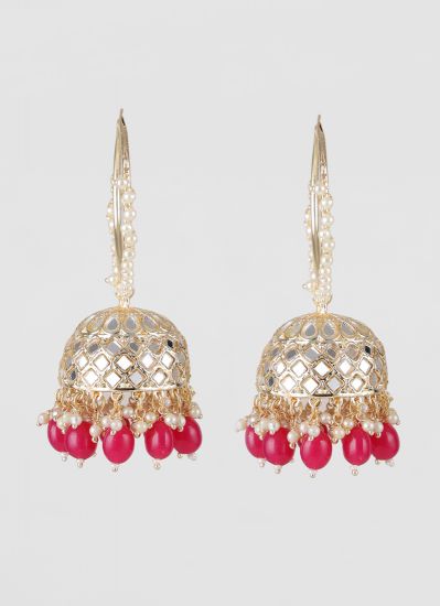 Pink Mirror & Pearl Bali With Jhumki Earrings