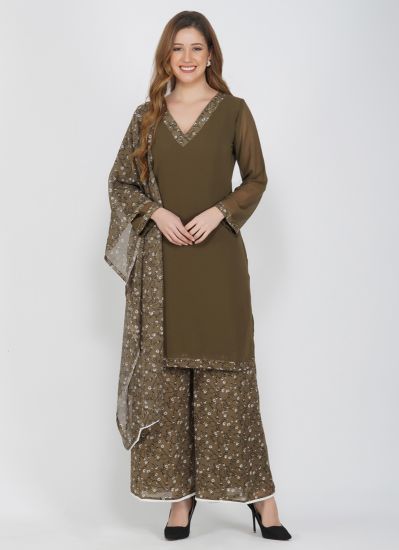 Olive Green Printed Georgette Straight Cut Suit Set