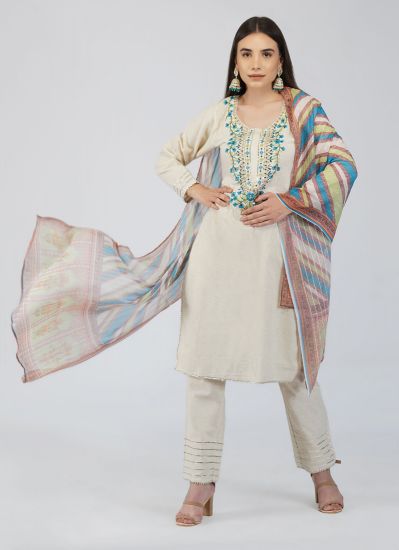 Beige Printed Straight Cut Suit Set With Blue Colour Embroidery