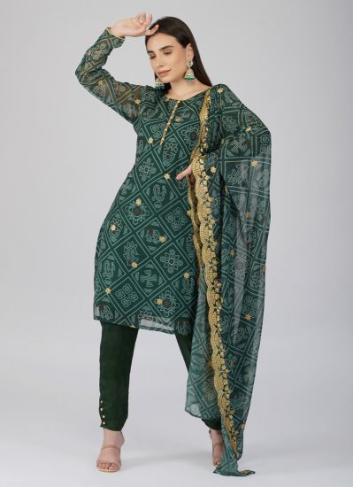 Green Bandhani Printed Straight Cut Suit Set