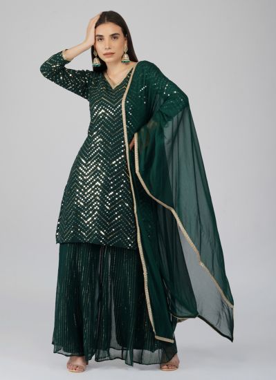 Green Sequins Embroidered Straight Suit Set