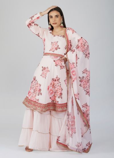 Pink Georgette Bias Cut Floral Printed Suit Set