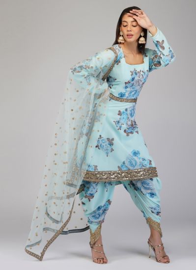 Light Blue Peplum Style Gold Embroidered Suit Set