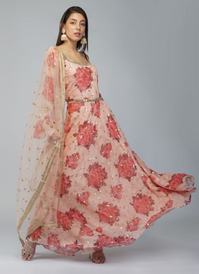 Peach Georgette Bias Cut Gold Embroidered Suit Set