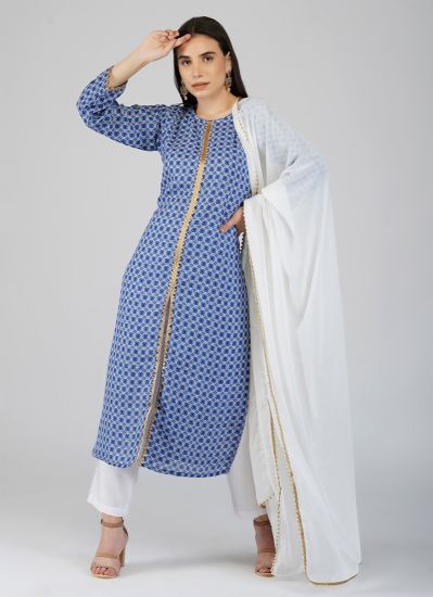 Blue Georgette Straight Cut Center Front  Embroidered Ladies Suit Set