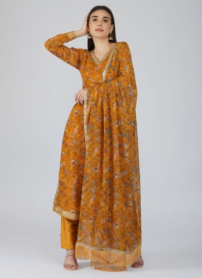 Mustard Floral Printed Straight Cut Suit Set