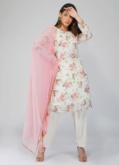 White Georgette Shift Floral Printed Suit Set