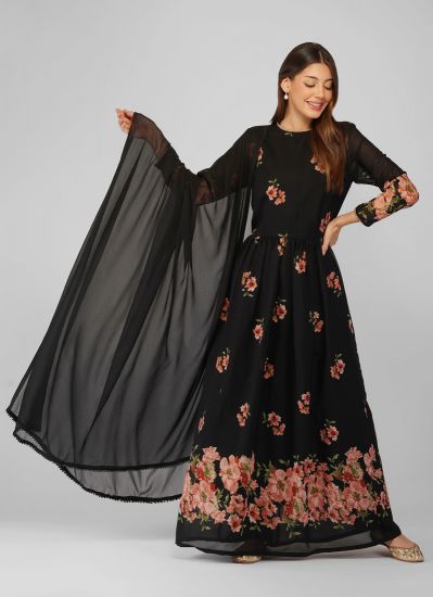 Floral Printed Black Georgette Bias Cut Suit Set