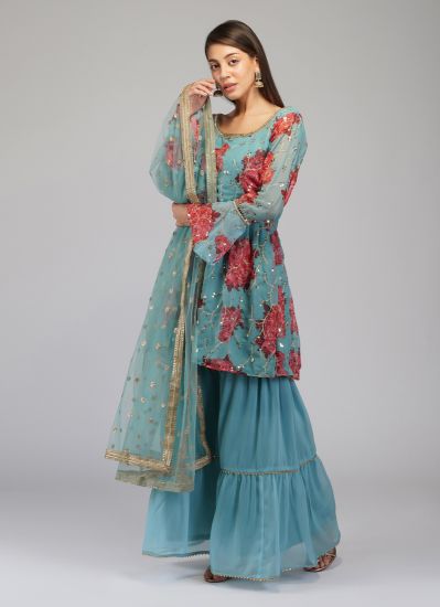 Georgette Blue Peplum Style Gold Embroidered Suit Set