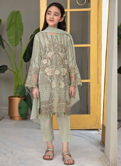 Girl's Mint Embroidered Chiffon Trouser Set