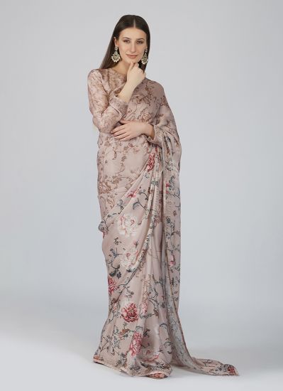 Beige Satin Floral Printed Saree With Crystal Stone Work In Border