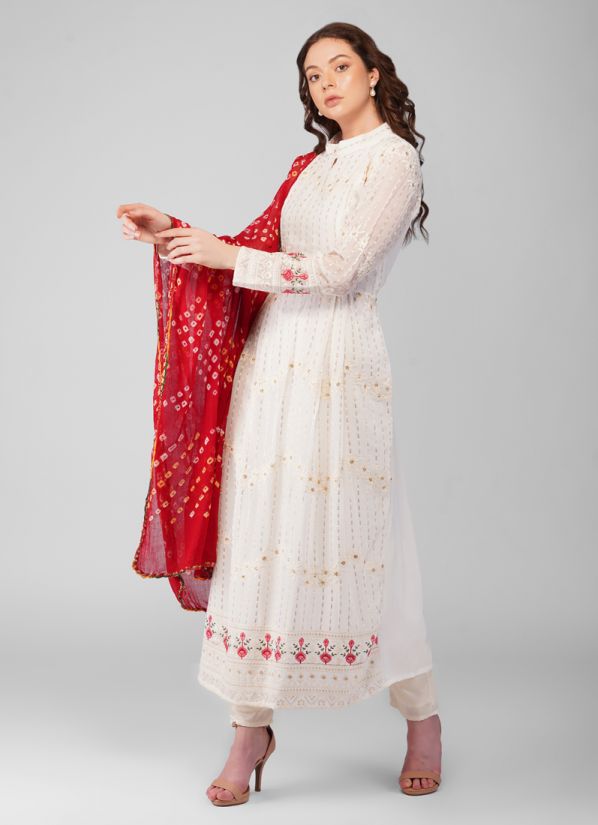 White Embroidered Georgette Bias Cut Suit Set
