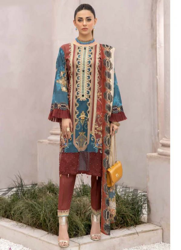 Blue Embroidered Straight Cut Suit Set