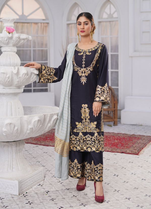 Dark Navy Embroidered Kurta and Flare Trousers